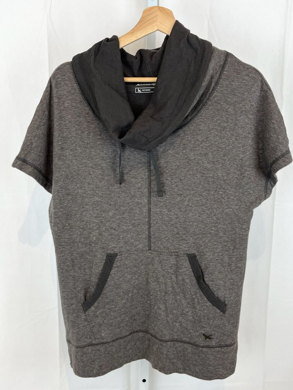 NWT EDDIE BAUER Short Sleeve Funnel Neck Pullover Knit Top Stretch Brown Gray M